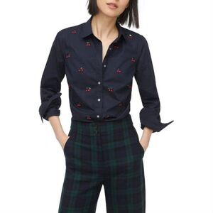 New J Crew Women's Perfect Shirt Cherries Blue 6 organic cotton